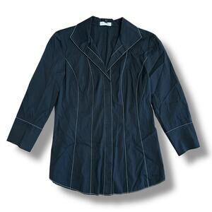 Lafayette 148 New York Black Contrast Stitch‎ Button Front Blouse Women’s 0 XS